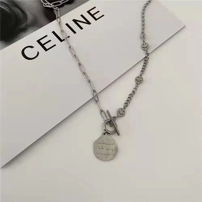 Minimalist Geometric Smiley Face Pendant Necklace for Women Stainless Steel Locket Chain with Plated Finish