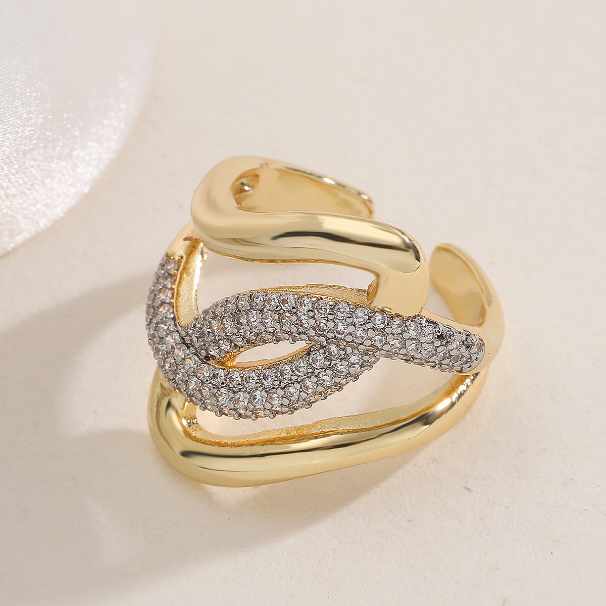 Minimalist Two-Tone Plated Cubic Zirconia Geometric Irregular Open Ring for Women