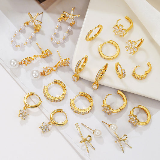 16K Gold Plated Brass Geometric Round Floral Earrings with Micro-set Cubic Zirconia and 925 Sterling Silver Posts