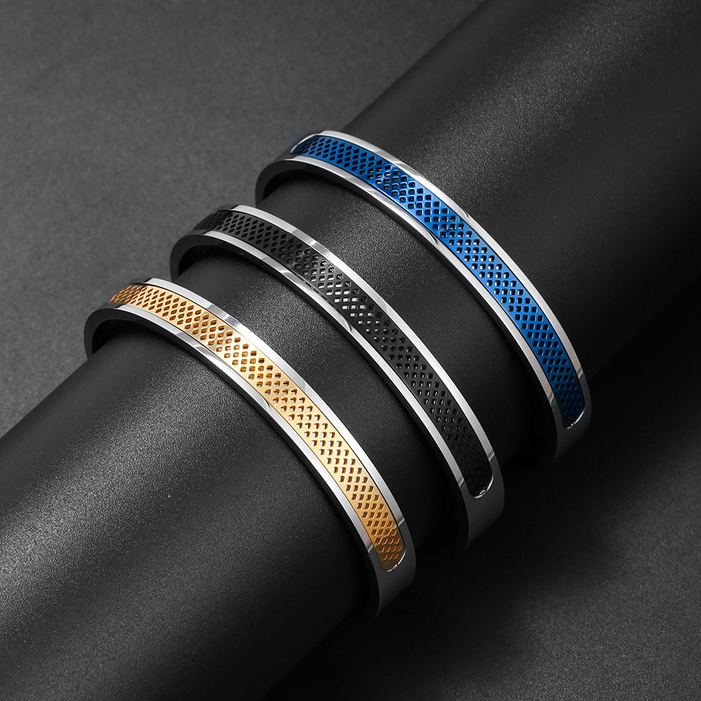 Punk Vintage Geometric Hollow Mesh Plated Stainless Steel Open Cuff Bracelet for Men and Women