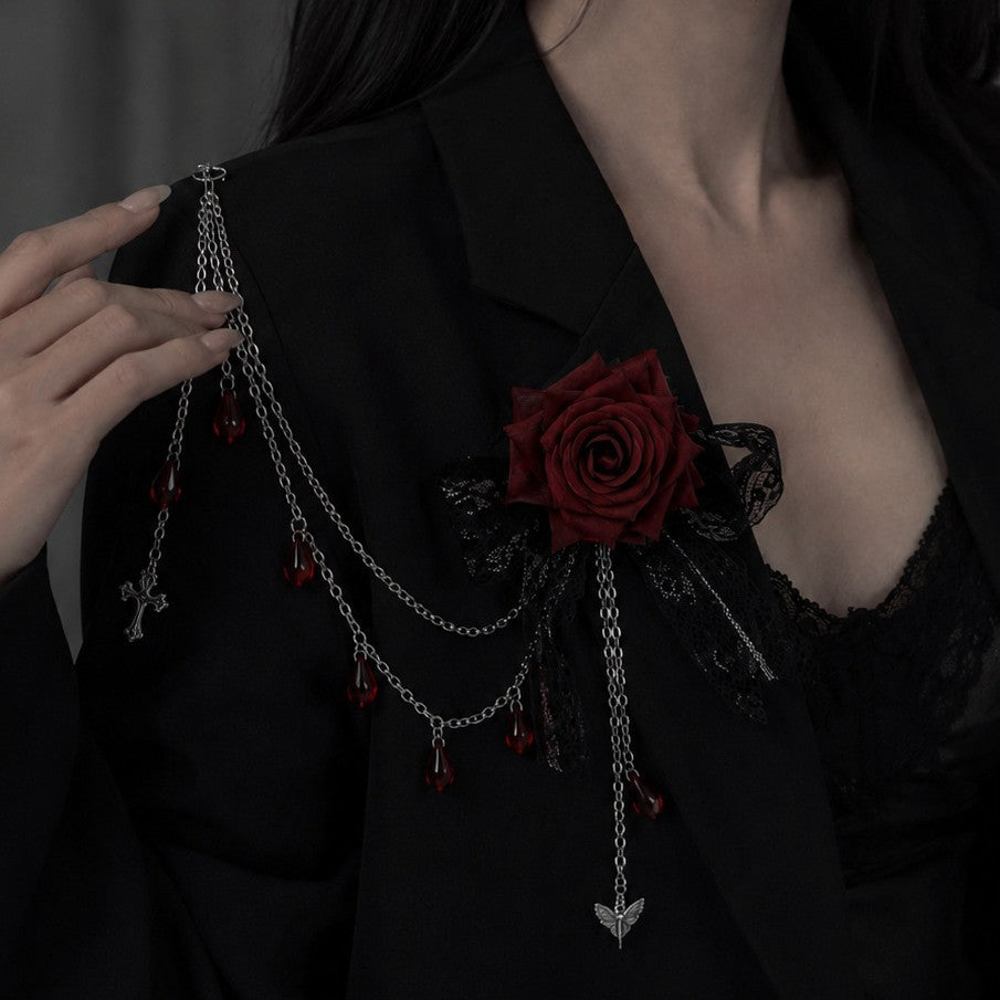 Gothic Vintage Rose Moth Iron Plated Brooch with Tassel