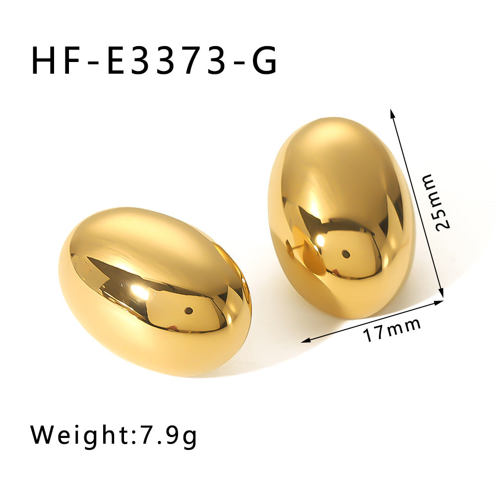 Minimalist Oval Stainless Steel Earrings with 18K Gold Plating, Geometric 3D Design, Polished Mirror Finish