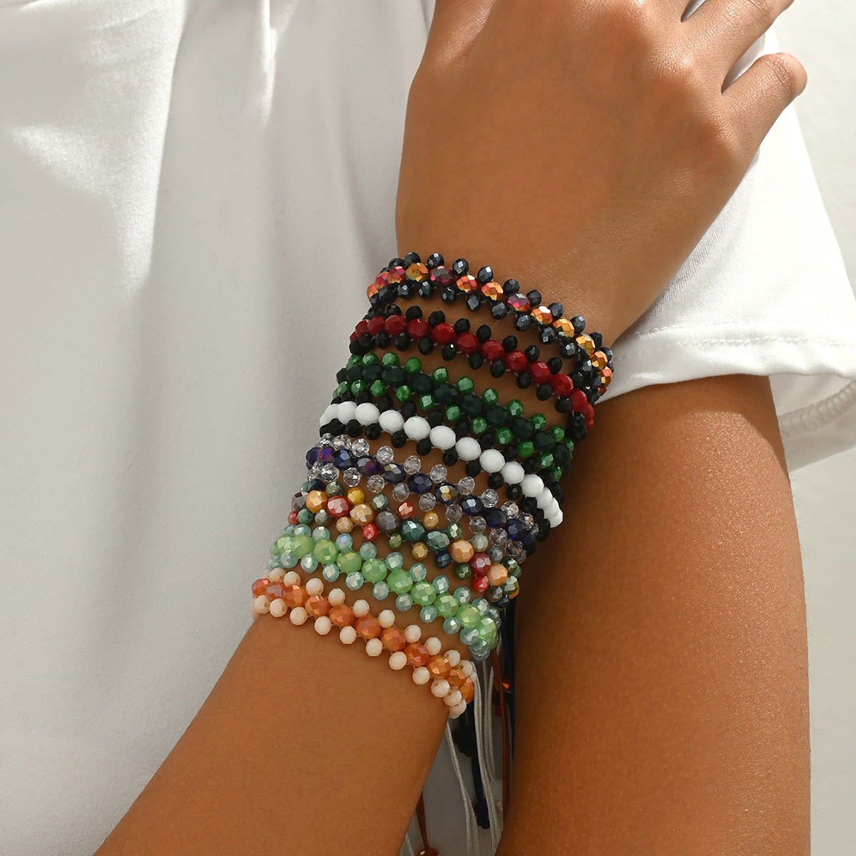 Pulsera geométrica de cuentas para mujer con detalles de cristal multicolor, pulsera ajustable de varias capas