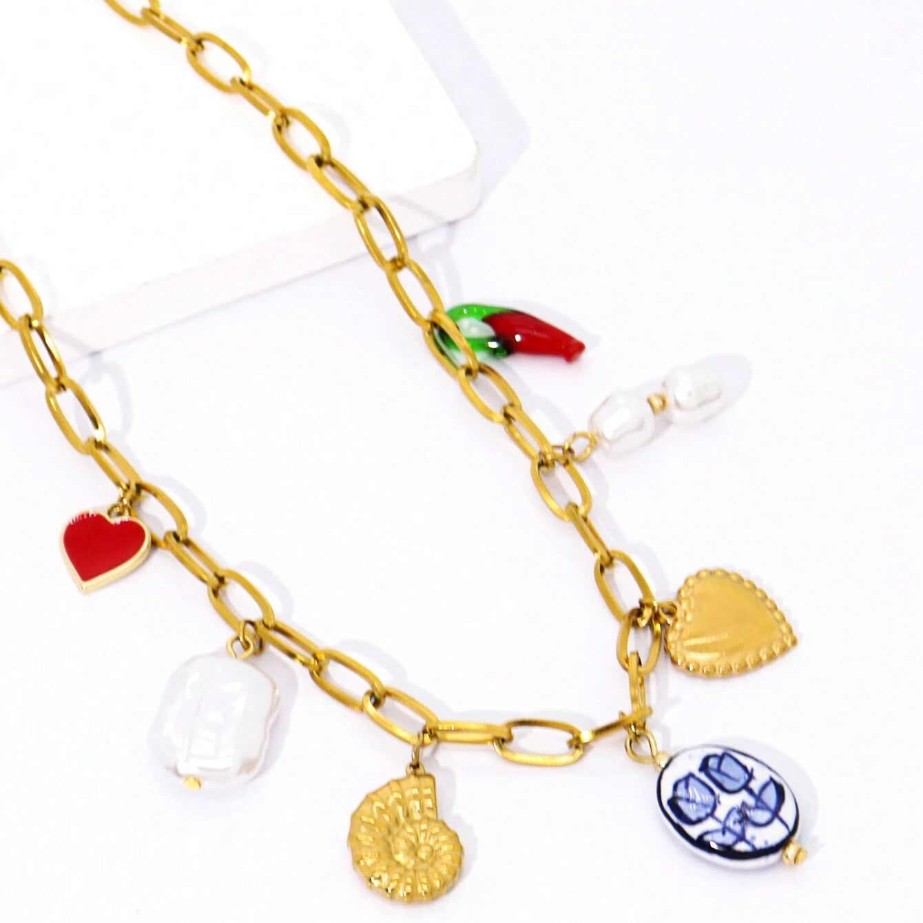 Plated Stainless Steel Heart Geometric Floral Pendant Corn Chain Necklace for Unisex DIY Charm Bar