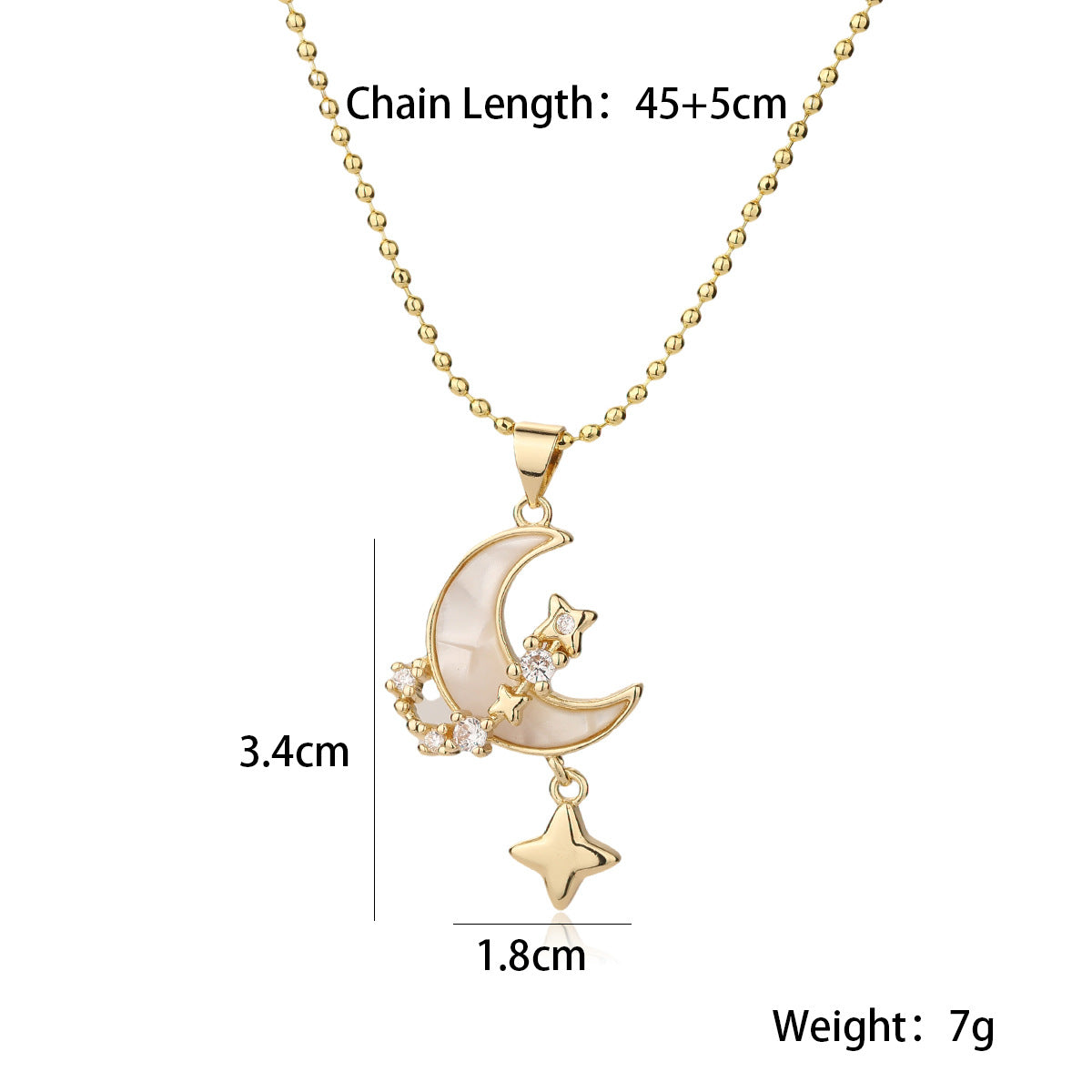 Minimalist Star and Moon Pendant Necklace for Women with Copper Base Plated in 18K Gold Featuring Zircon Inlay and Shell Accents