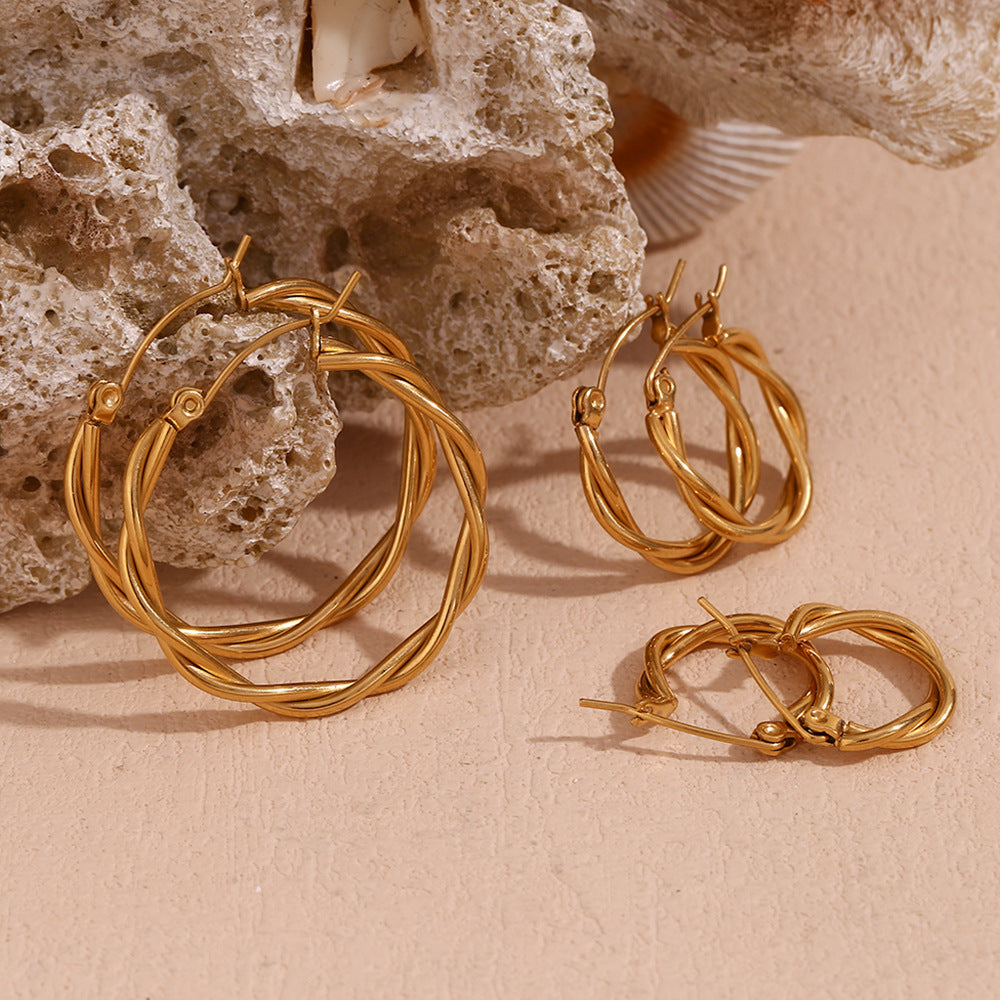 Minimalist Geometric Stainless Steel 18K Gold Plated Thin Braided Hoop Earrings for Women
