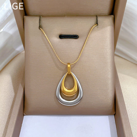 Minimalist Titanium Steel Droplet Geometric Pendant Necklace Double Layer Chain Plant Floral Design Unisex Fashion Commuter Jewelry