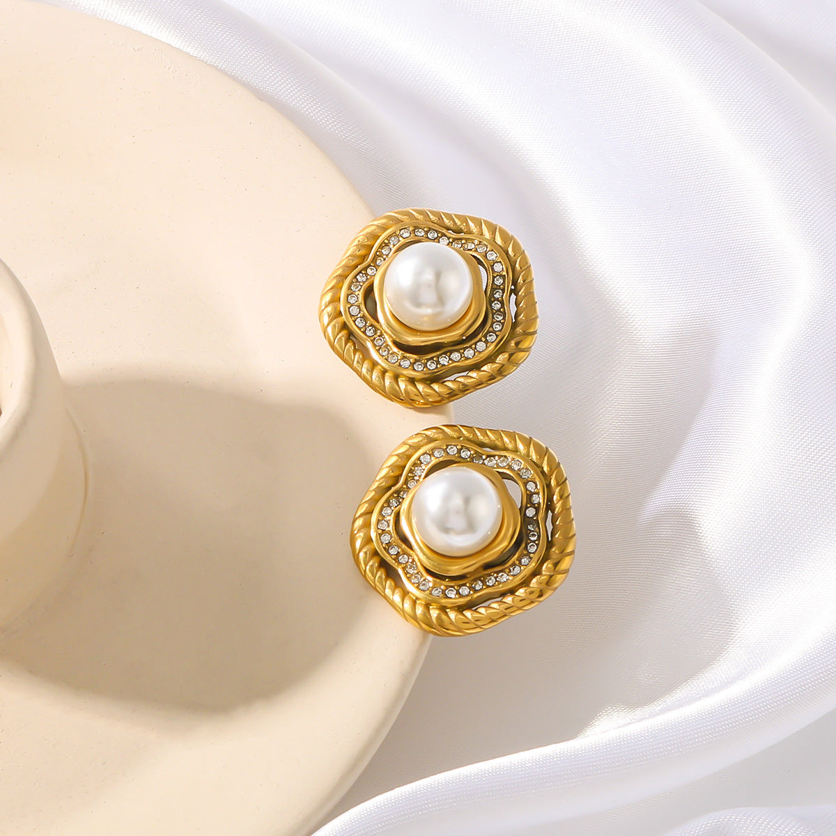 Vintage French Palace Style Geometric Earrings with Pearl and Zircon Inlay Stainless Steel Plated in 18K Gold for Women