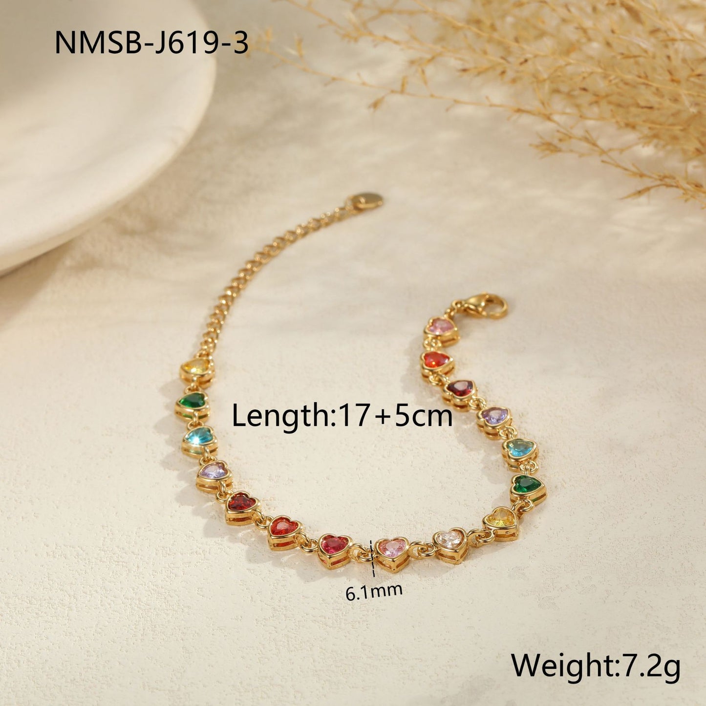 Bracciale da donna alla moda in acciaio inossidabile con geometria, placcatura in oro 18 carati e dettagli in zirconi colorati
