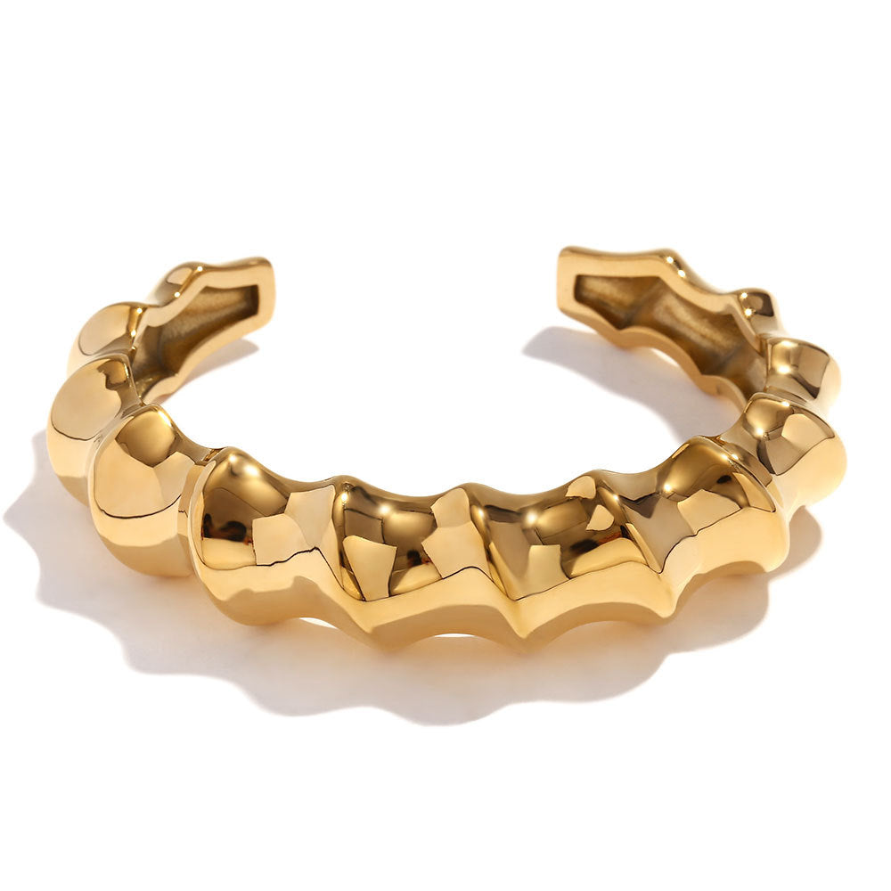 Minimalist Geometric Stainless Steel Plated 18K Gold Bamboo-Shaped Open Bangle Bracelet for Women