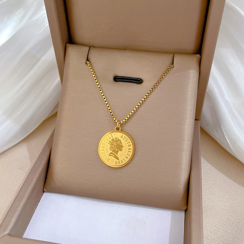Collana Minimalista con Disco Rotondo Geometrico a Forma di Testa Umana in Acciaio al Titanio Placcato Oro PVD per Unisex