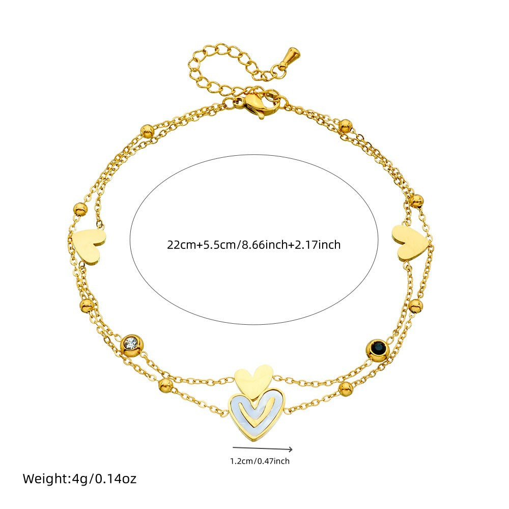 Fashion Heart Tree of Life Rhinestone Inlay Stainless Steel Double Layer Anklet for Women