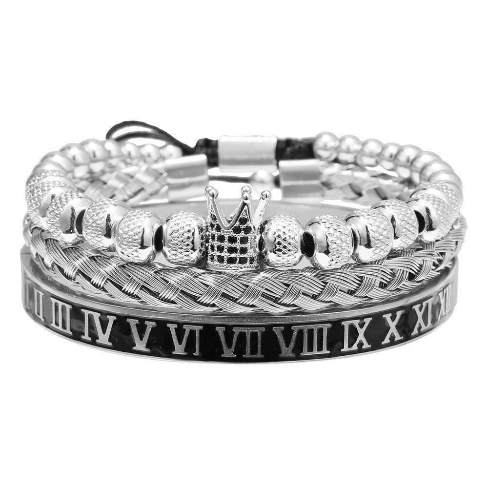Personalized Double Leopard Head Black Agate Micro-set Cubic Zirconia Brass Stainless Steel Bracelet Set