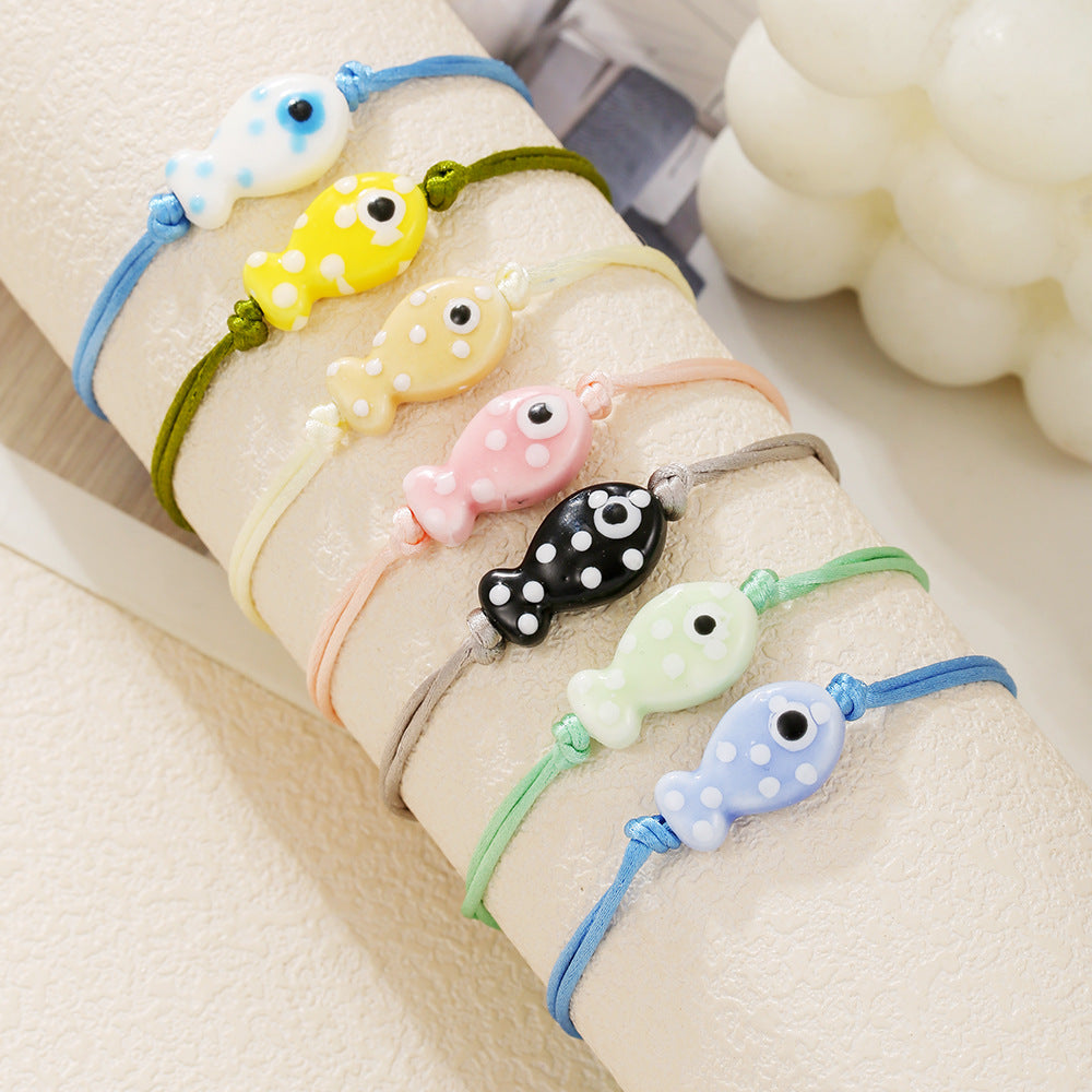 Sweet Cartoon Polka Dot Ceramic Fish Braided Bracelet Adjustable Multi-Color