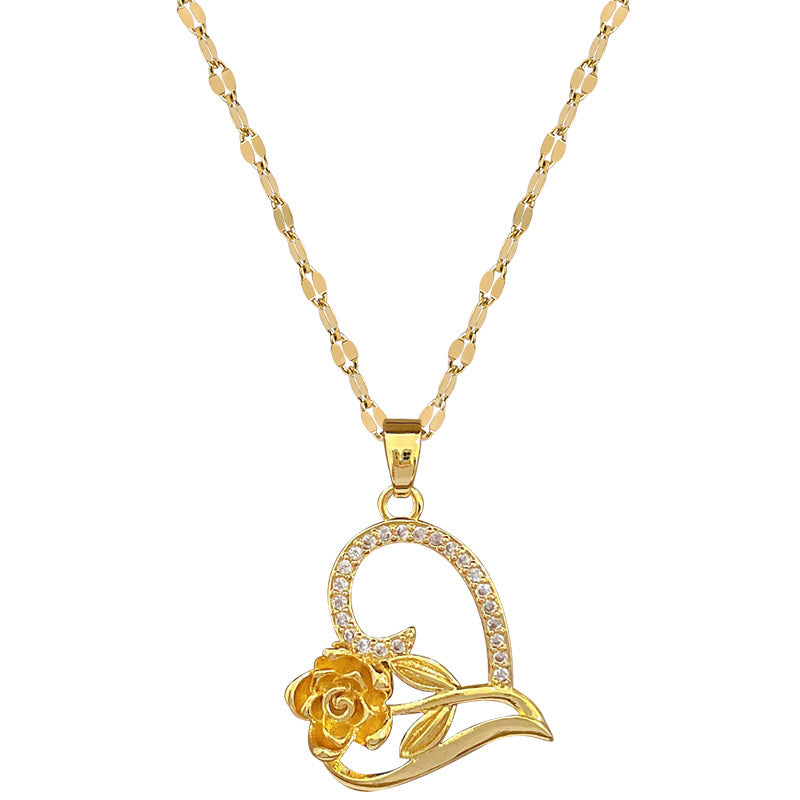 Collar con colgante de lujo elegante de circonitas con forma de corazón rosa, cadena de acero titanio para mujer y hombre