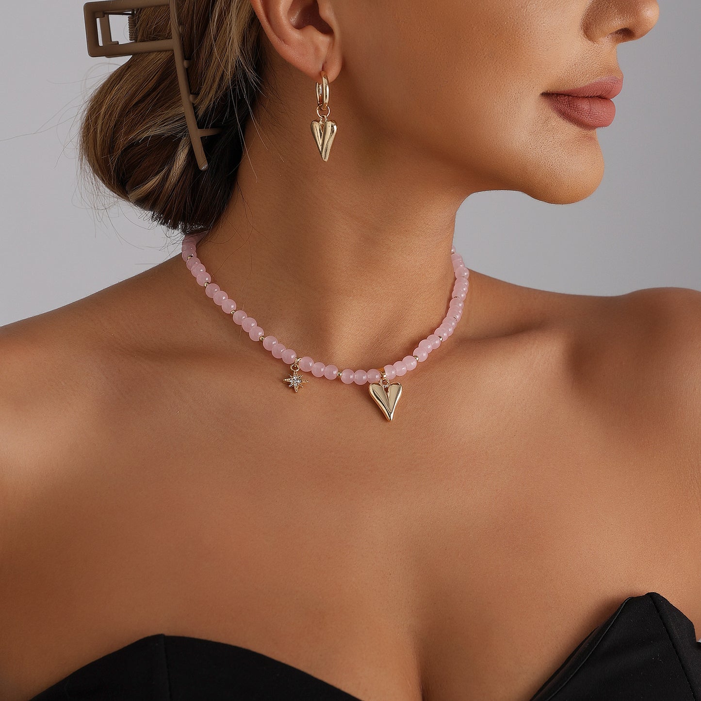 Pink Heart Geometric Beaded Necklace ABS Alloy Plated Pendant for Women