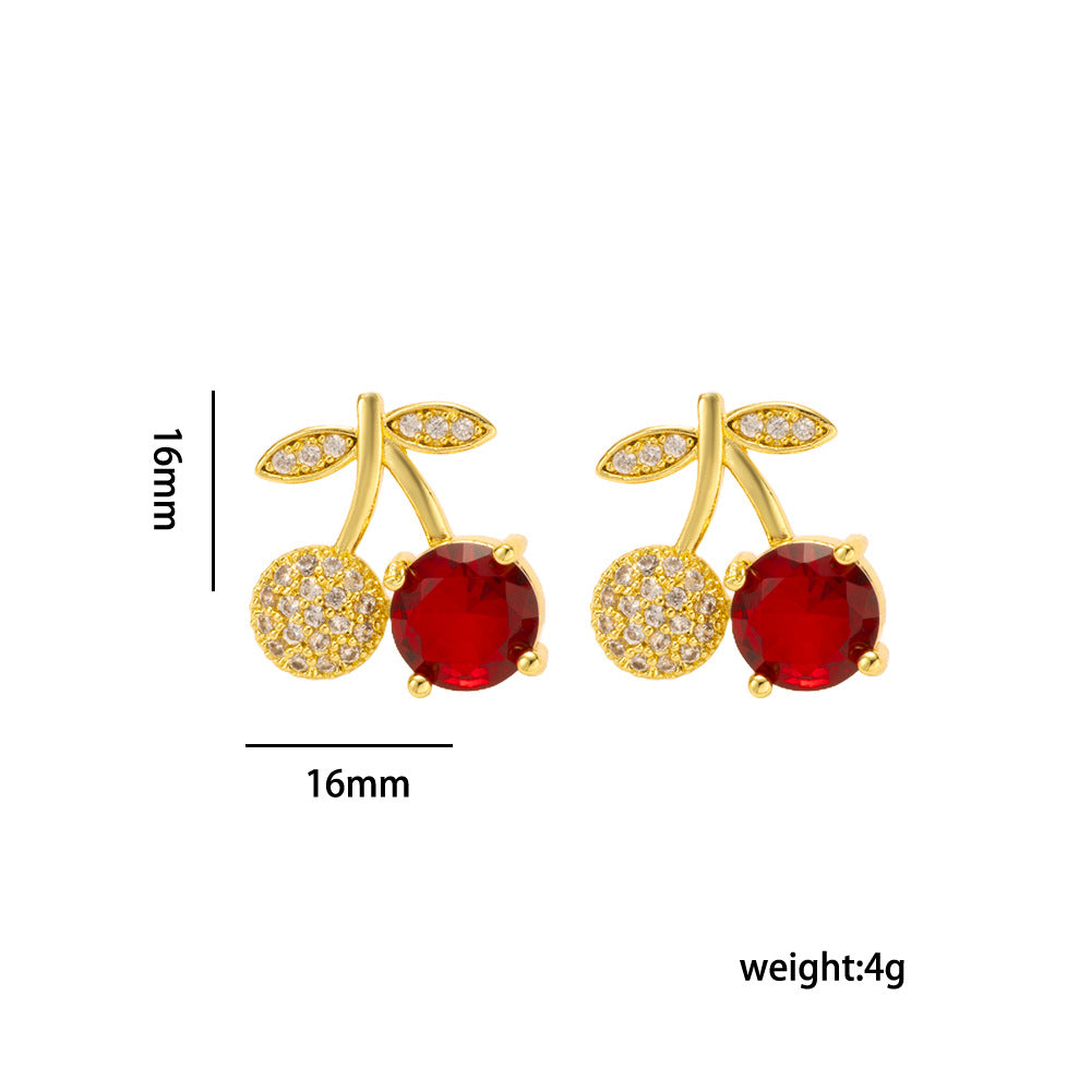 Cherry-Shaped Pendant Necklace Set for Women in Titanium Steel with Rhinestone Inlay and Polished Finish