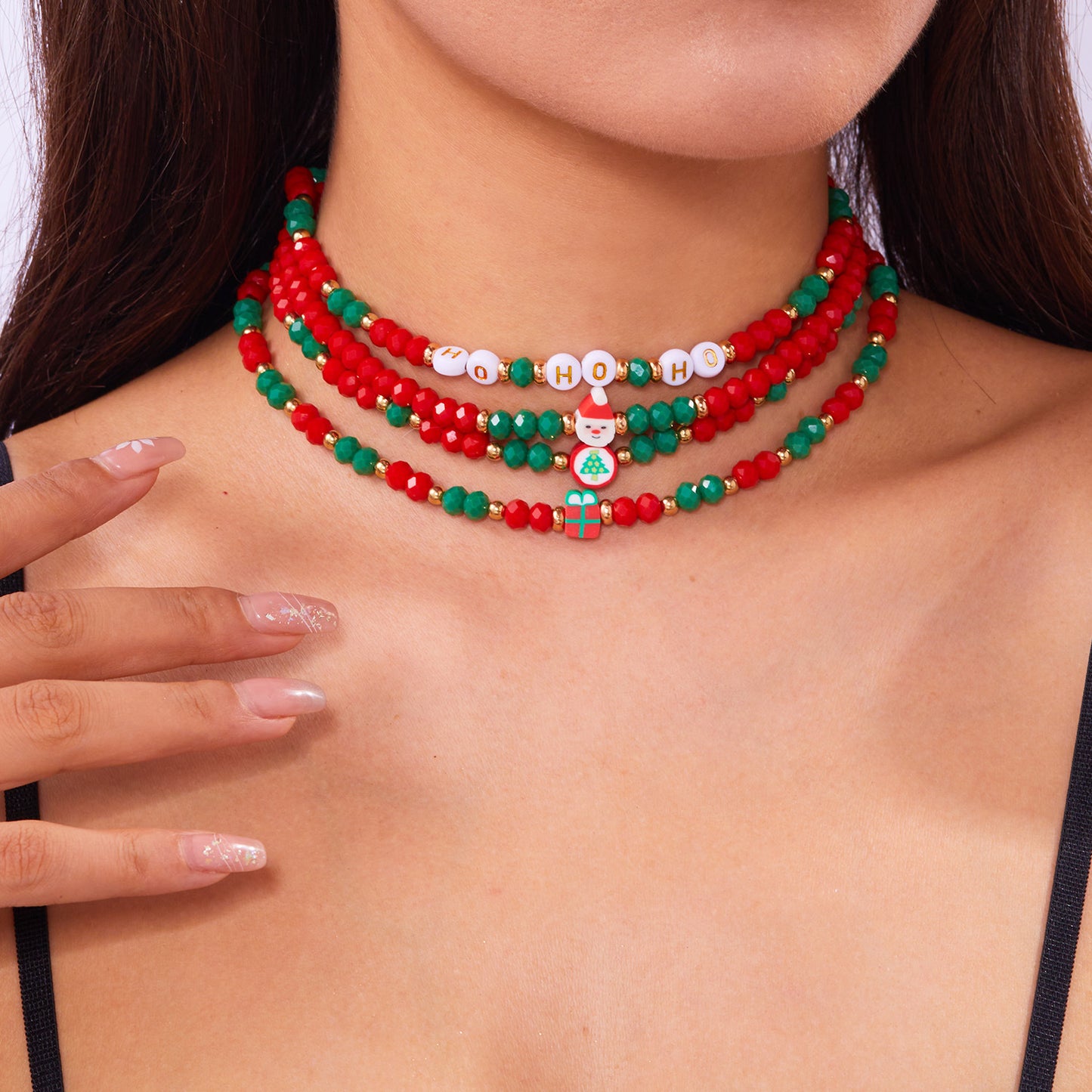 Collar de cuentas de arcilla polimérica con temática navideña con copo de nieve y colgante de Papá Noel de forma geométrica, gargantilla de cadena en O de aleación y electrochapada para mujer
