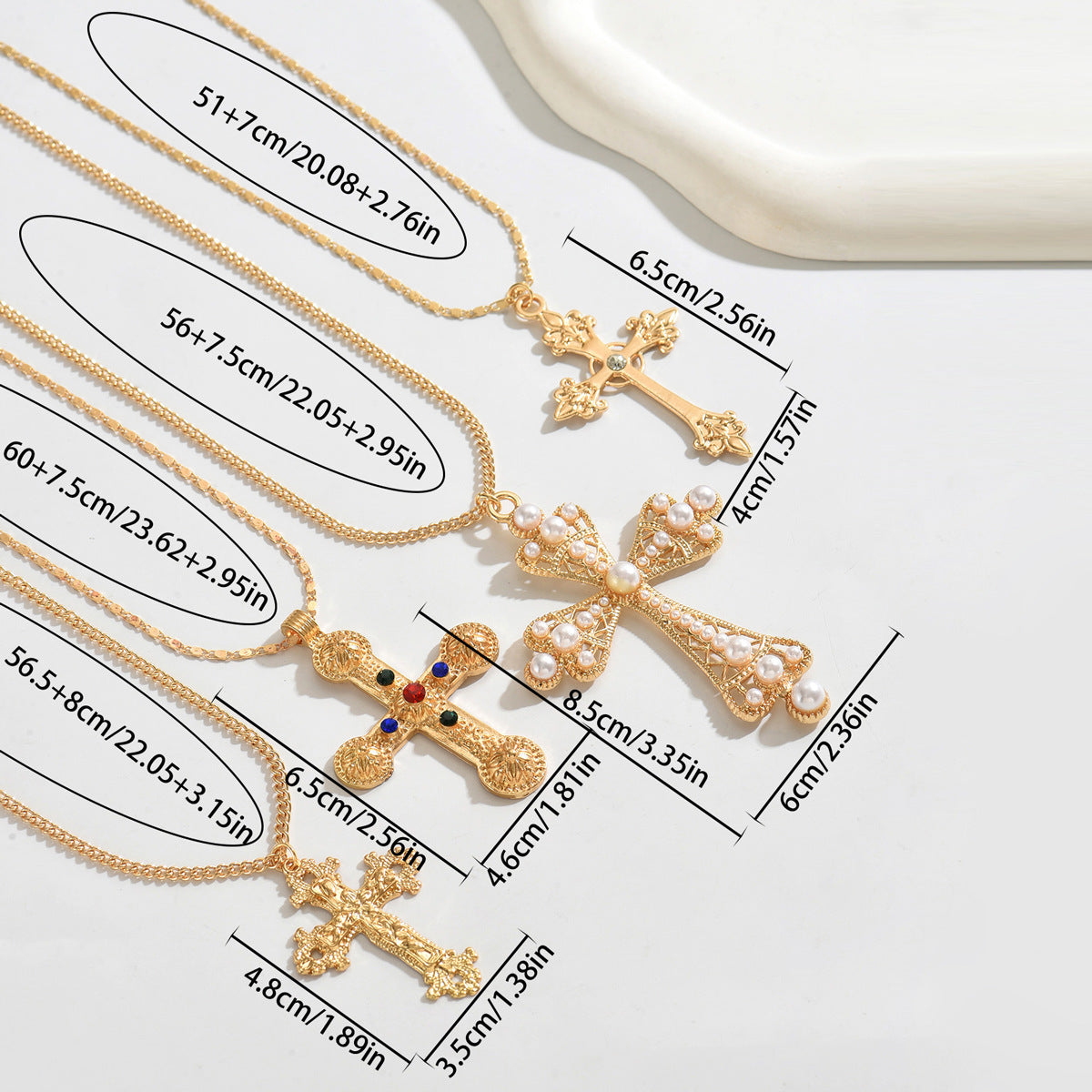 Geometric Cross Pendant Necklace Set in Zinc Alloy with Rhinestone Inlay for Women, Fashionable and Versatile Long Necklace