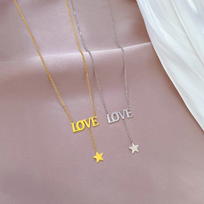 Minimalist Titanium Steel LOVE Star Pendant Necklace for Women Geometric Locket Chain Fashionable Casual Jewelry