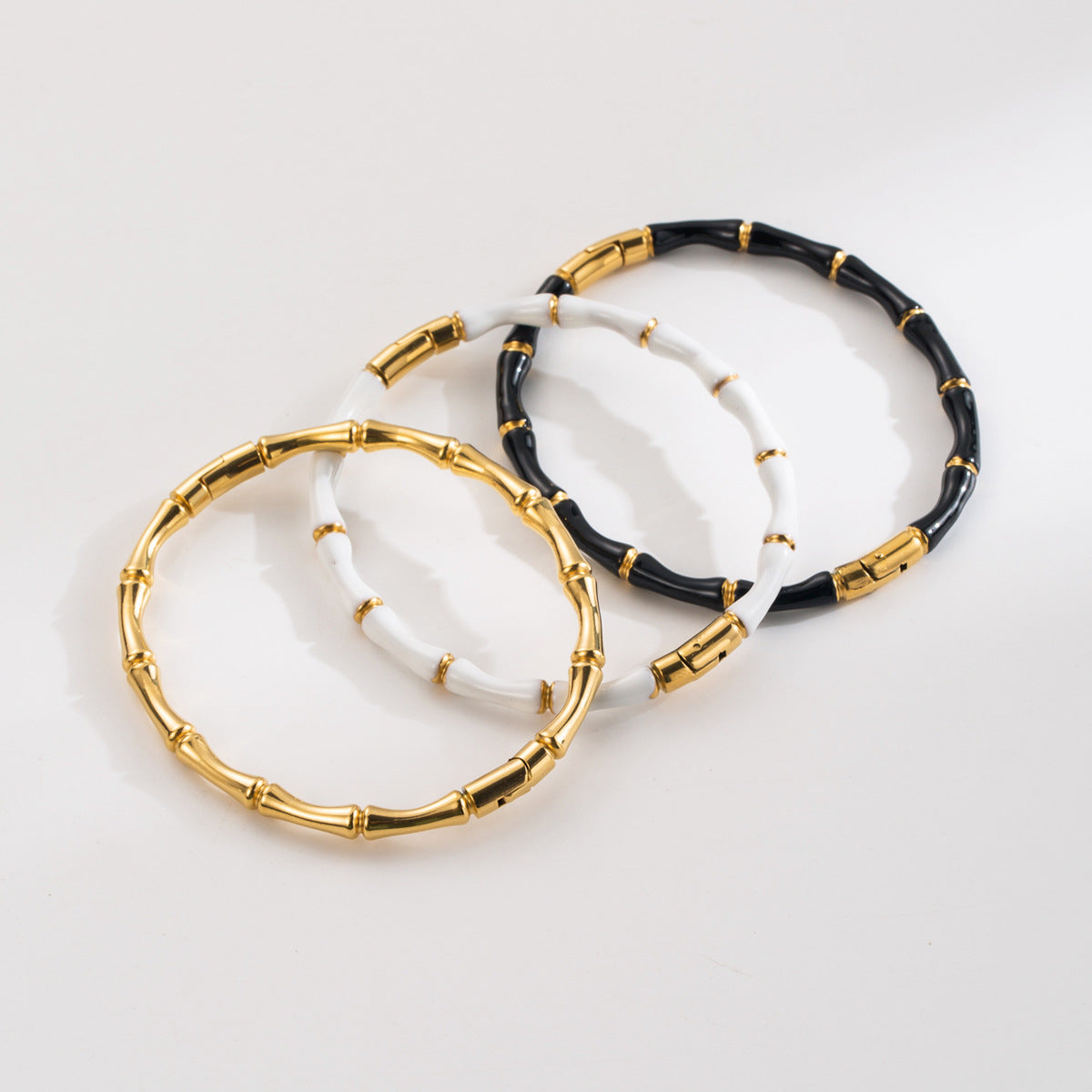 Sweet-Edgy Bamboo-Joint Stainless Steel Enamel Bangle Bracelet for Women