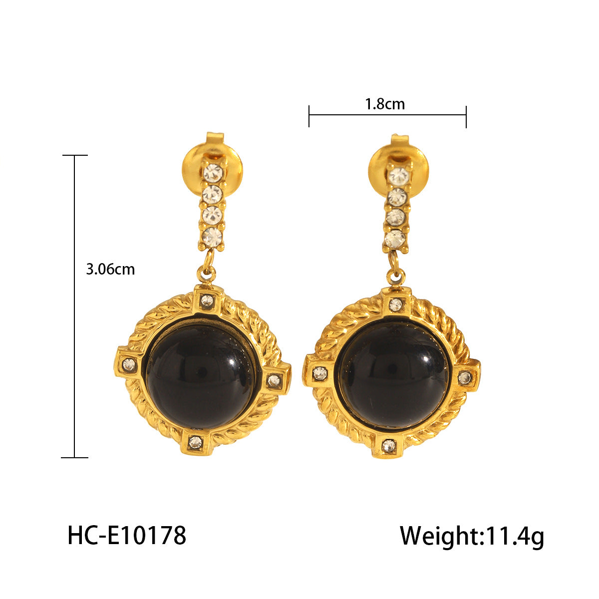 Orecchini a perno con ossidiana nera geometrica stile retrò francese placcati oro 18K su acciaio inossidabile per donna