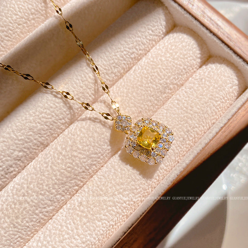 Sweet Minimalist Micro-set Cubic Zirconia Square Geometric Titanium Steel Pendant Necklace Earring Set