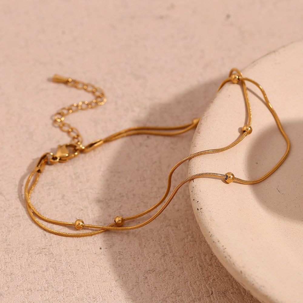 Minimalist Fashion Women's Stainless Steel Plated 18K Gold Double-Layer Round Bead Snake Chain Bracelet