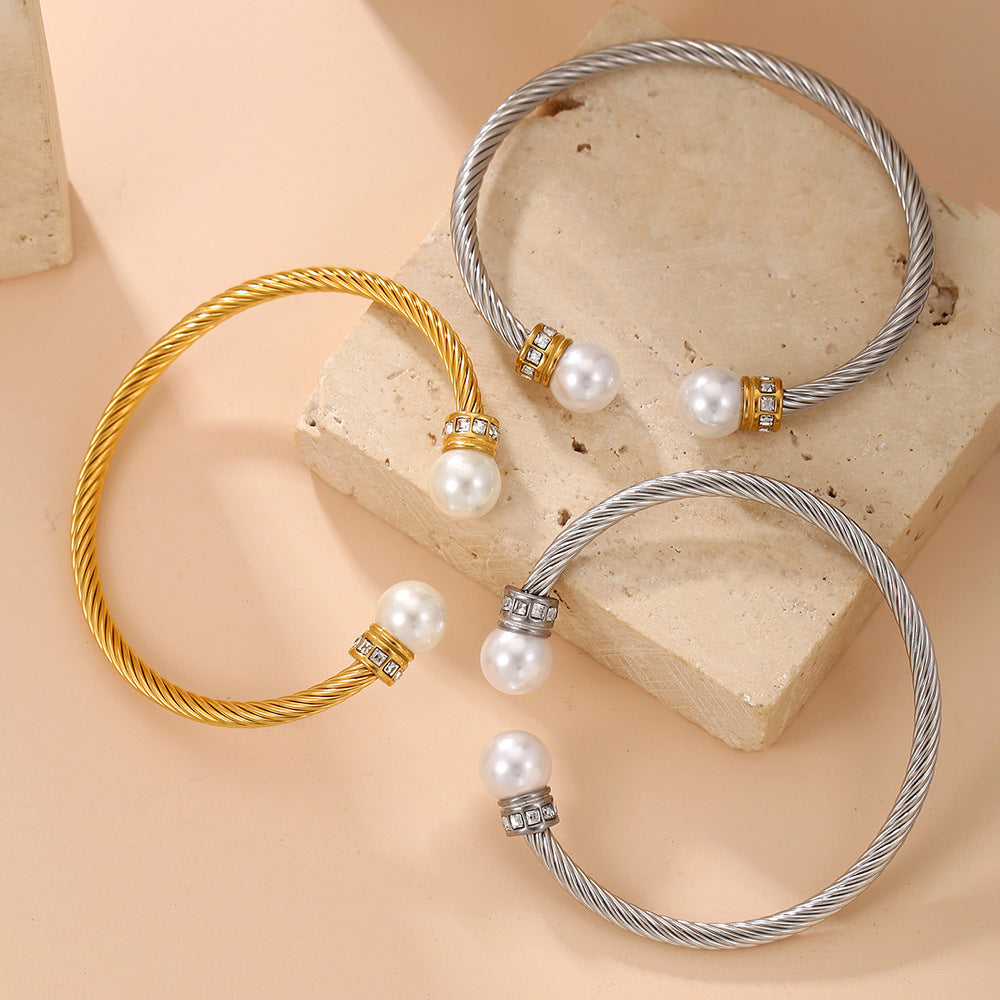 Geometric Round Stainless Steel Cable Chain Bracelet with Rhinestone and Pearl Inlay for Women