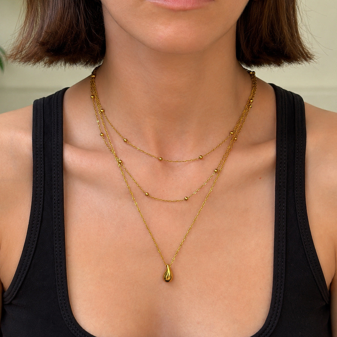 Sweet Punk Geometric Teardrop Stainless Steel 18K Gold Plated Pendant Necklace with Layered Chain for Women