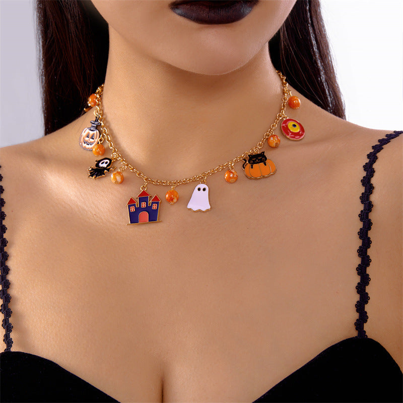 Collar con colgante de calavera de calabaza de Halloween dulce y atrevido de aleación con acabado galvanizado, unisex