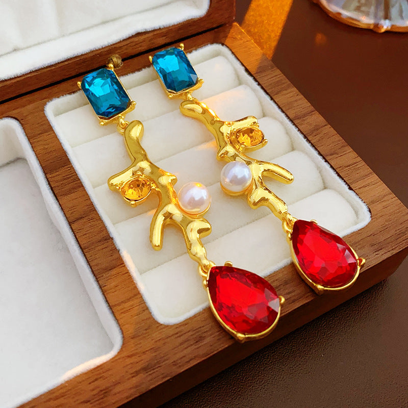 Vintage-Style Geometric Drop Earrings with Rhinestone Inlay in Plated Copper and Stainless Steel Posts for Women