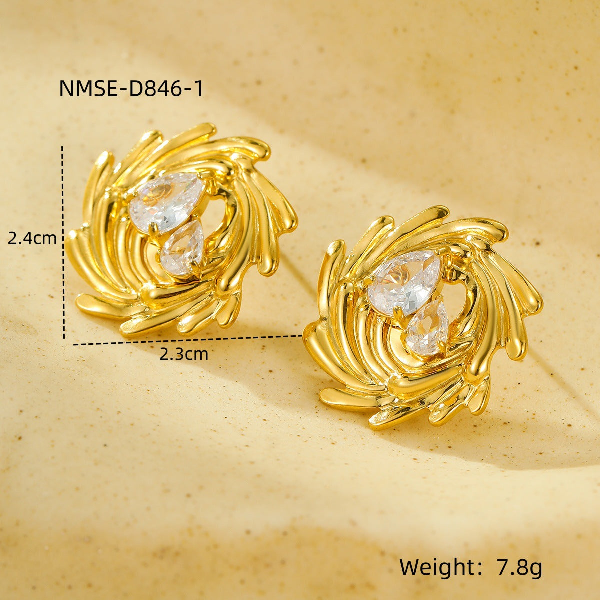 Orecchini a perno a spirale vintage in acciaio inossidabile placcato oro 18K con strass, da donna