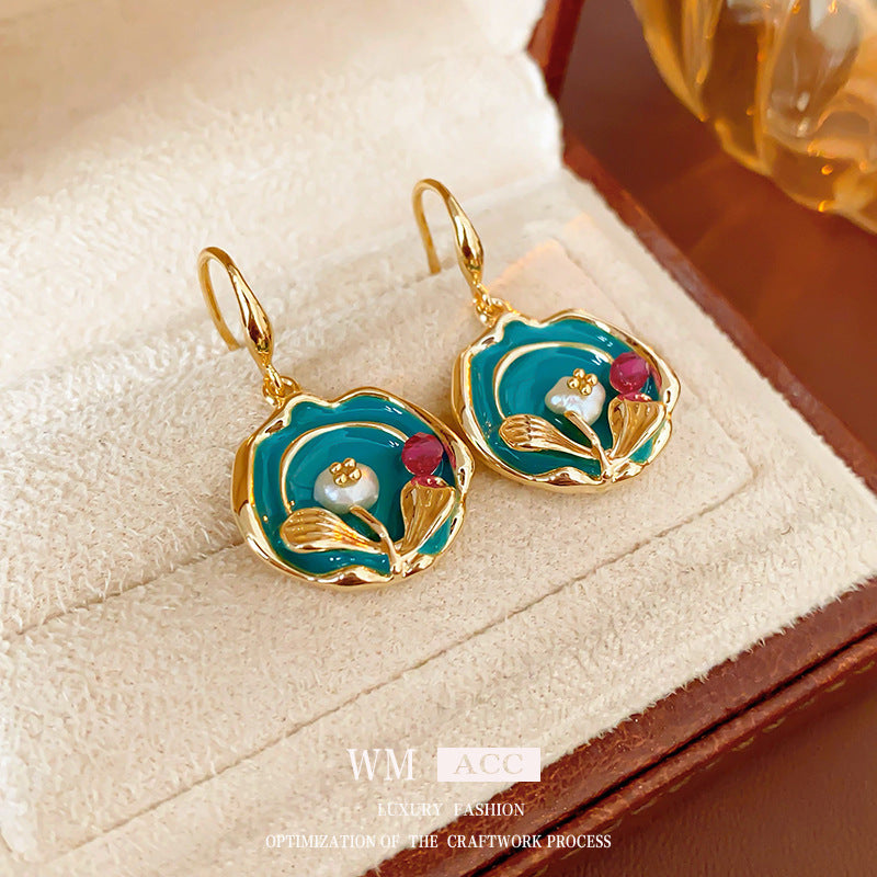 Vintage Floral and Geometric Enamel Earrings for Women with Gold-Plated Brass Base and Stainless Steel Posts