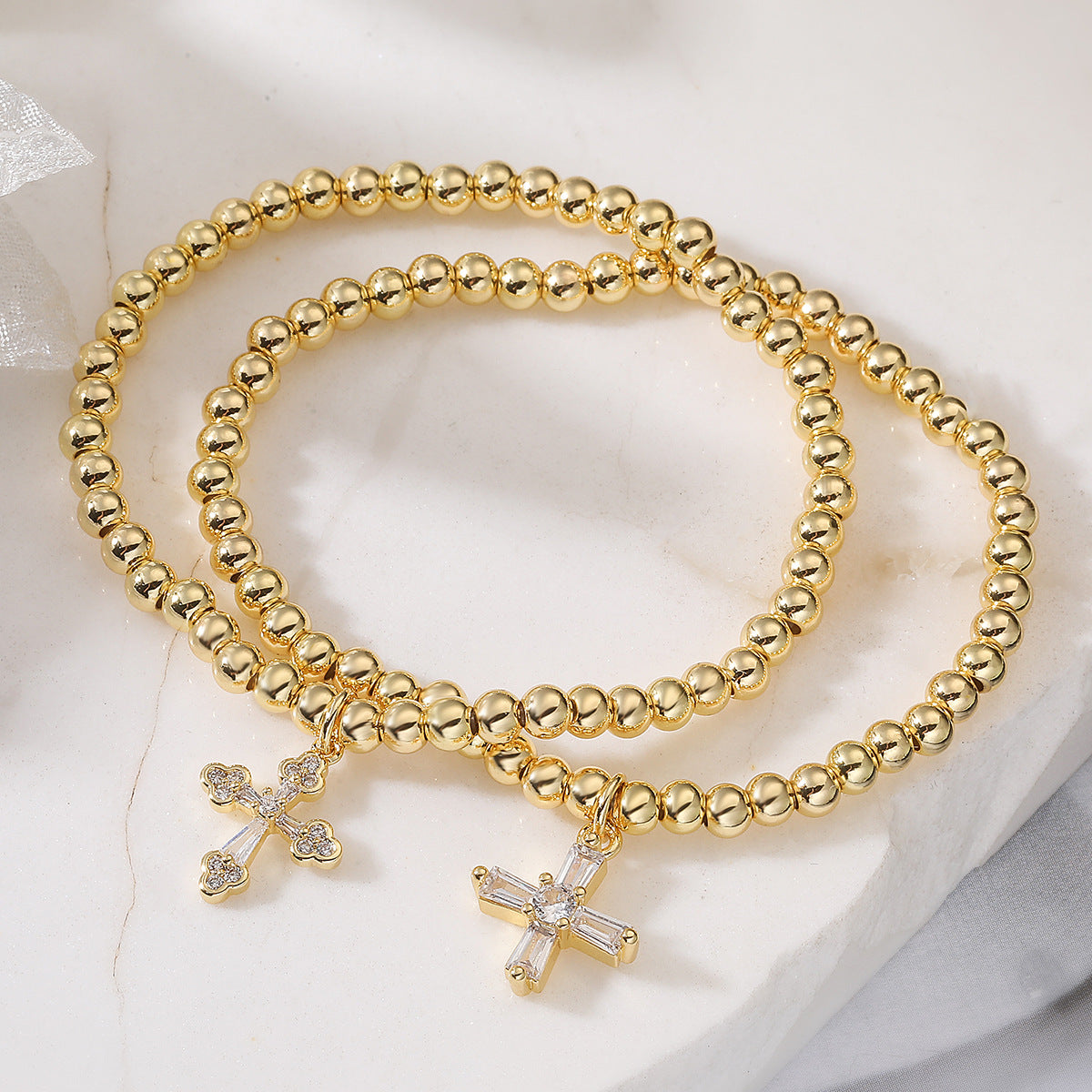 Minimalist 18K Gold Plated Brass Cross Geometric Cubic Zirconia Inlay Ball Chain Bracelet for Women