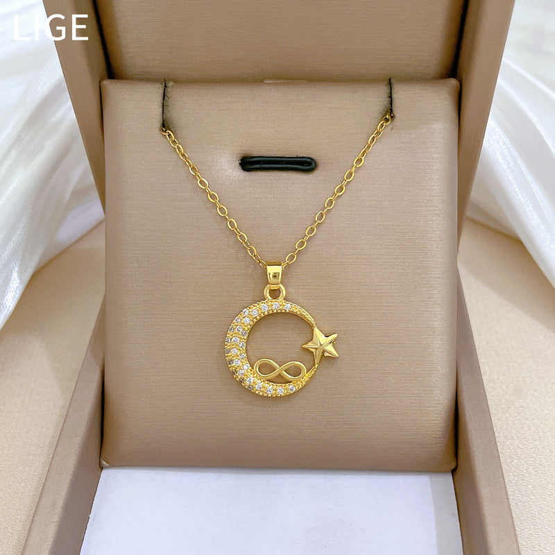Collana con pendente a stella e luna in strass di lusso per donna in acciaio al titanio, catena sottile per clavicola, design geometrico