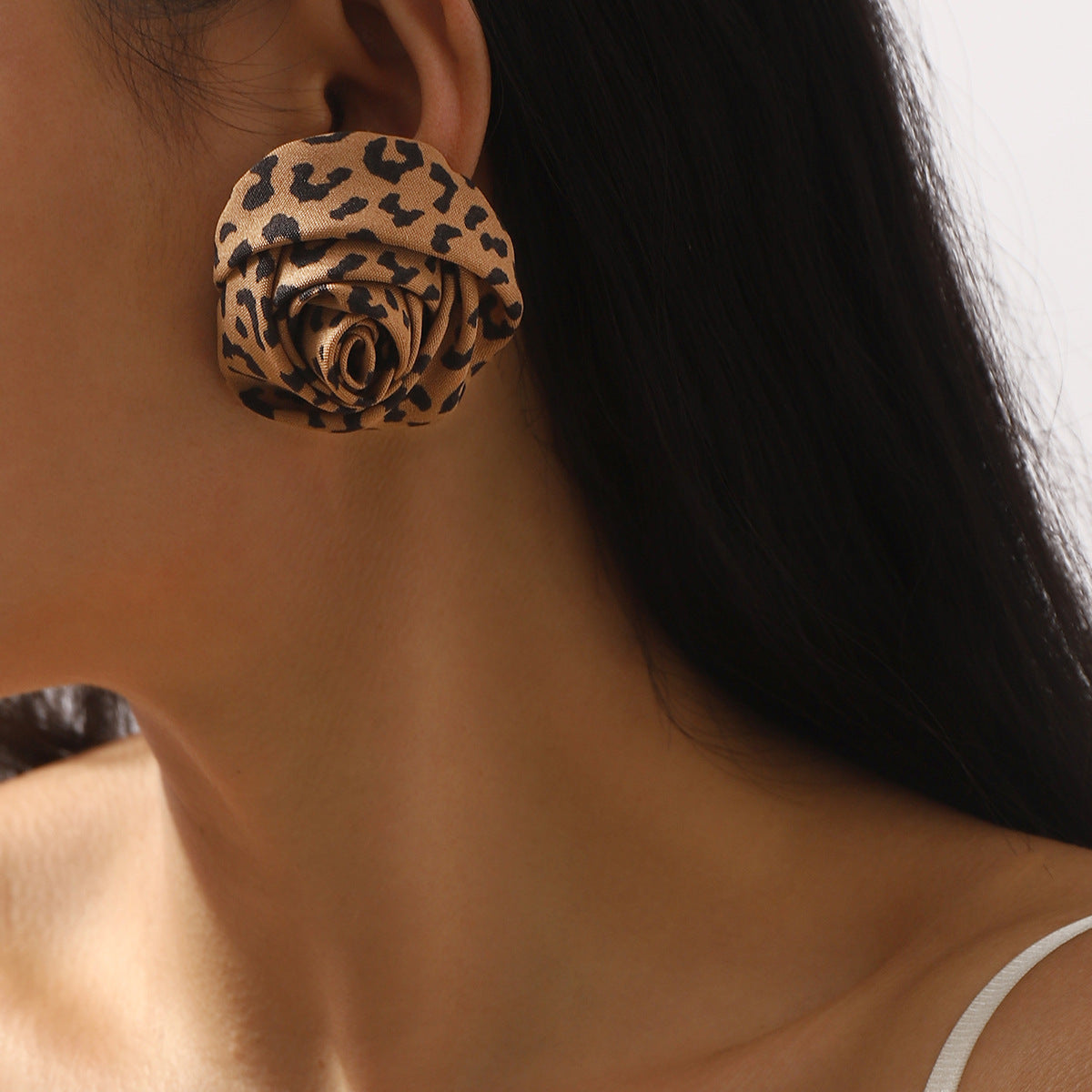 Fashionable Floral Leopard Print Rose Fabric Stud Earrings for Women with Alloy Base and Handcrafted Finish