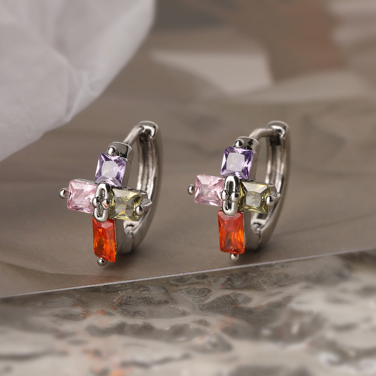 Minimalist Cross-Shaped Copper Earrings with Real Gold Plating and Zircon Accents for Women