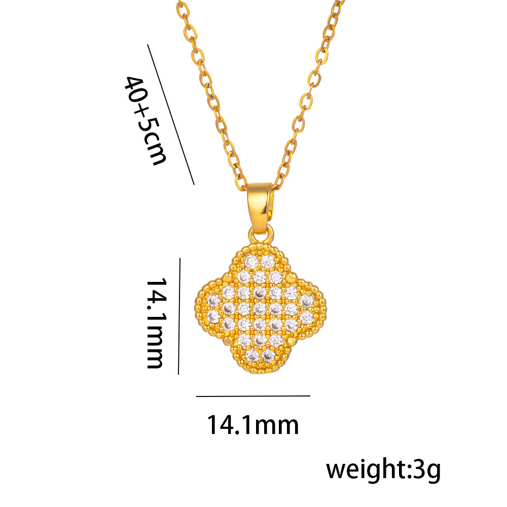 Minimalist Clover Pendant Necklace in Titanium Steel with Gold Plating and Rhinestone Inlay for Women