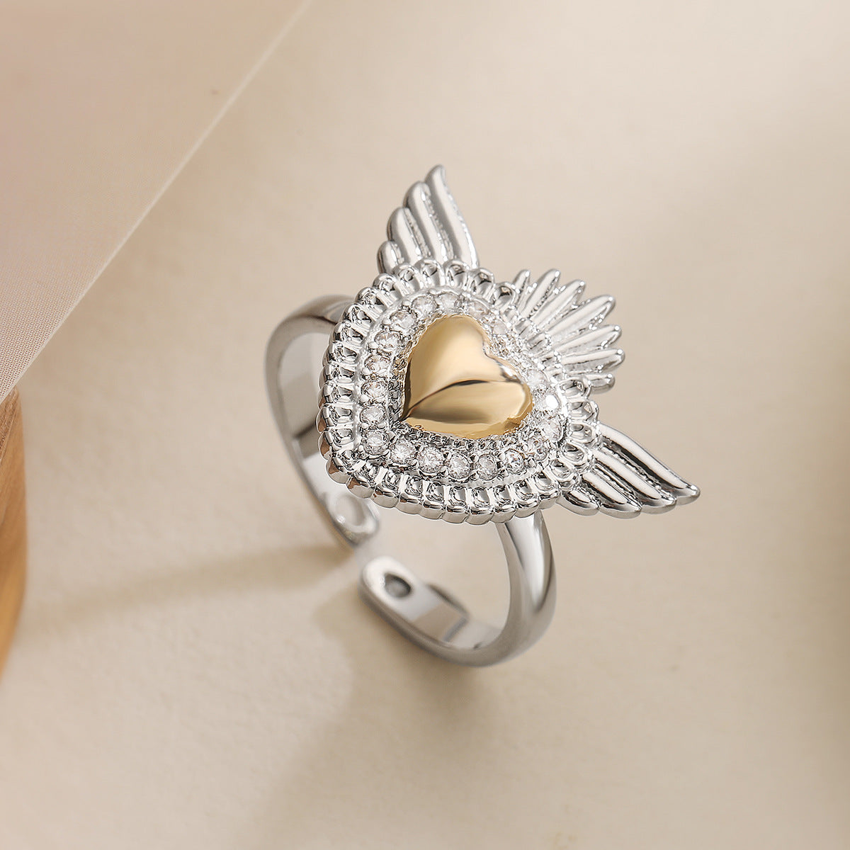 Minimalist Geometric Heart-Shaped Wing Ring for Women in Copper with Micro-Pave Zirconia Plating