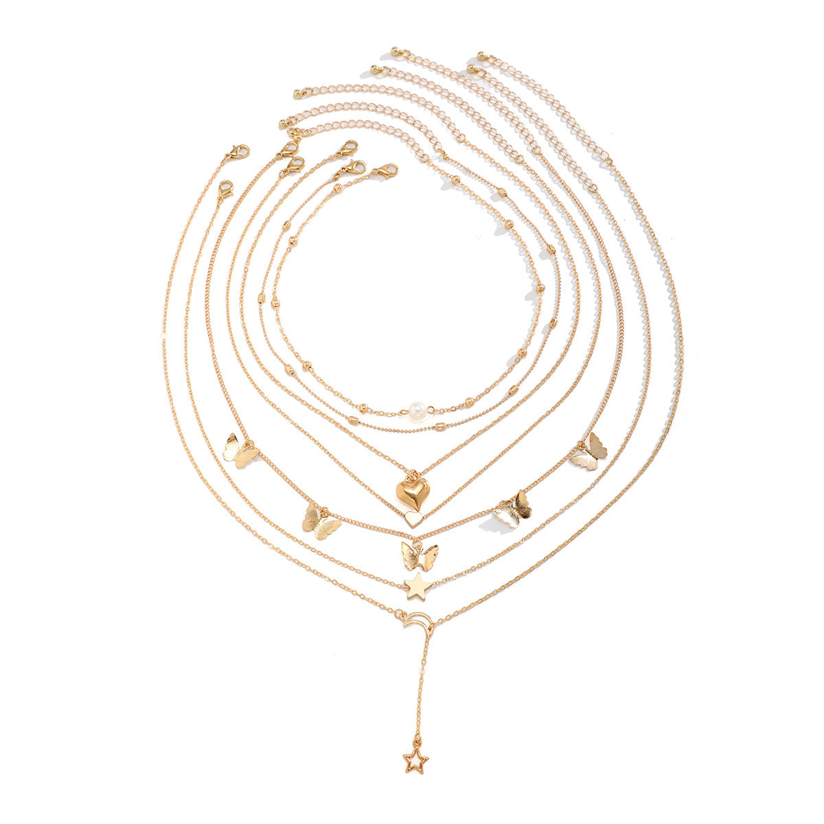 Boho Butterfly Pendant Necklace Set with Heart Star Geometric Charms Alloy Chain Tassel Detail