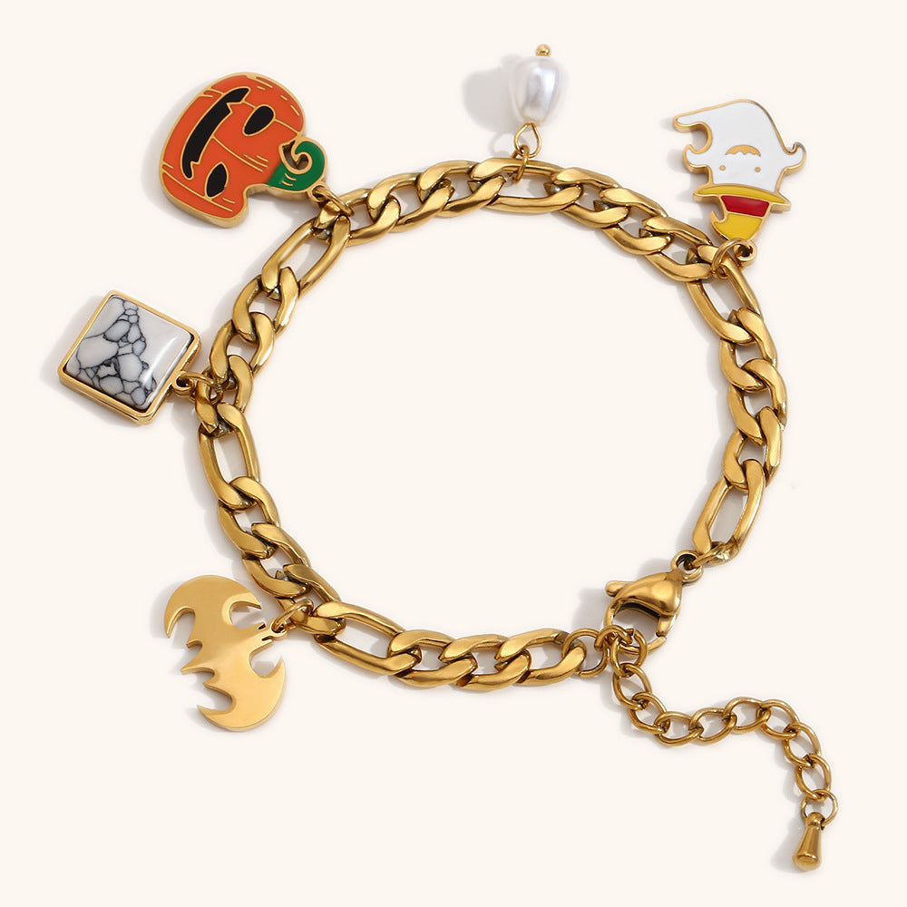 Bracciale da donna con ciondoli a zucca e pipistrello a tema Halloween, alla moda, in acciaio inossidabile con placcatura in oro 18 carati