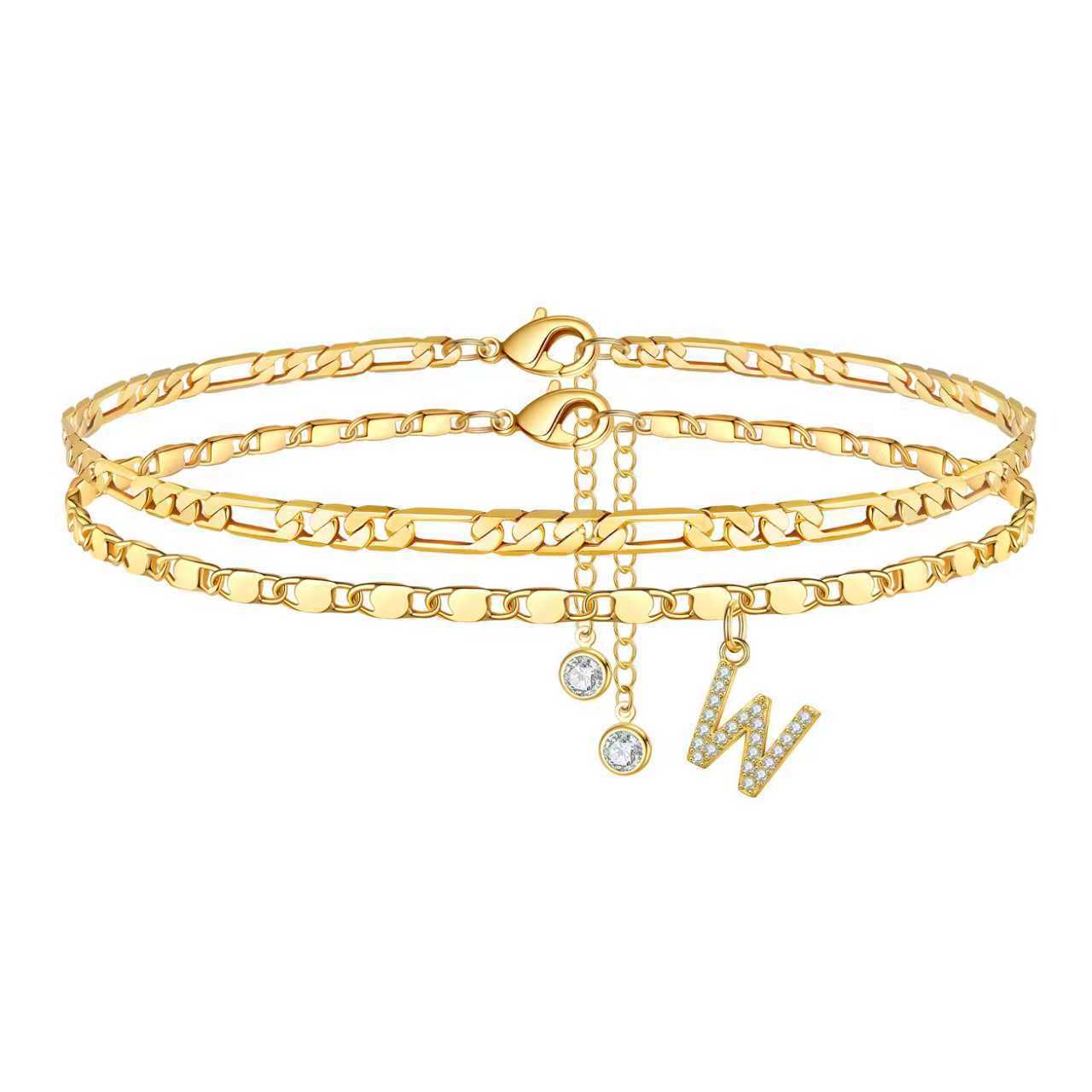 Bohemian Gold Plated Alloy Letter Cubic Zirconia Figaro Chain Anklet for Women