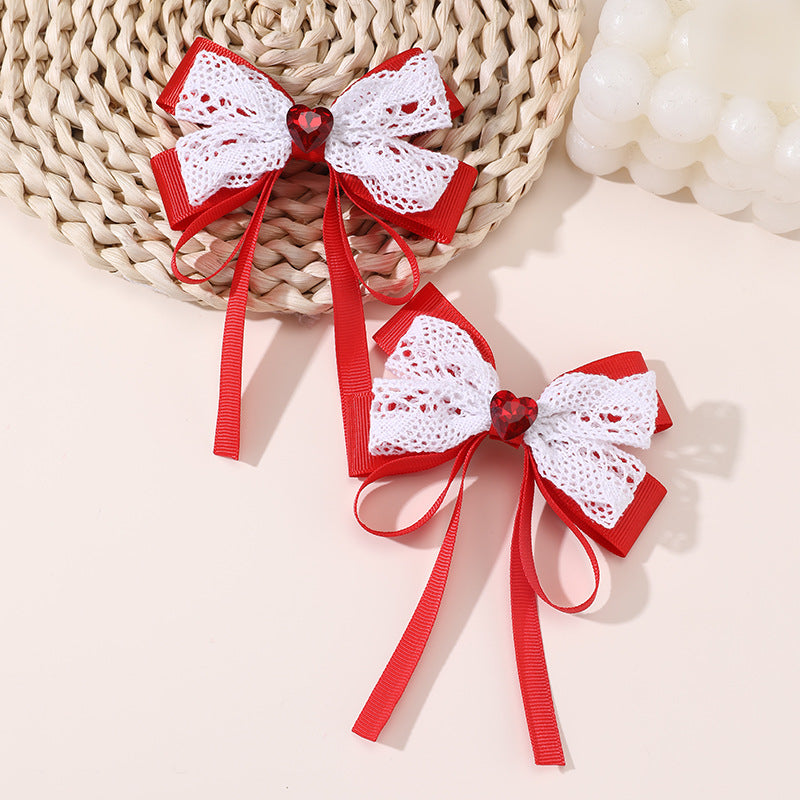 Sweet Cute Bow Hair Clip for Girls with Lace Ribbon and Ruffled Design, Plastic Resin Duckbill Hairpin in Princess Style