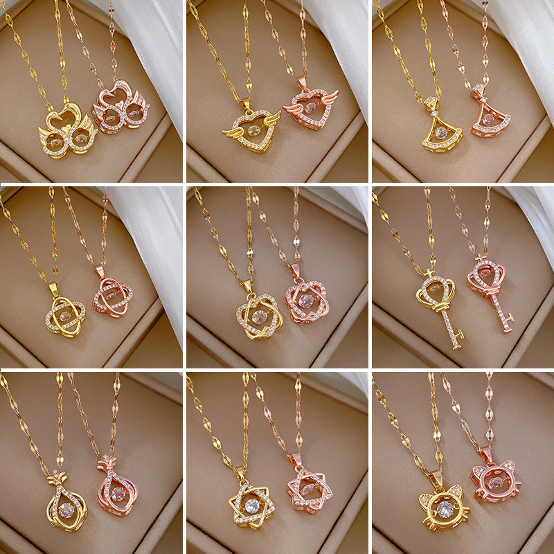 Collana di lusso in acciaio al titanio con cuore geometrico, strass e catena a labbra per donne e uomini
