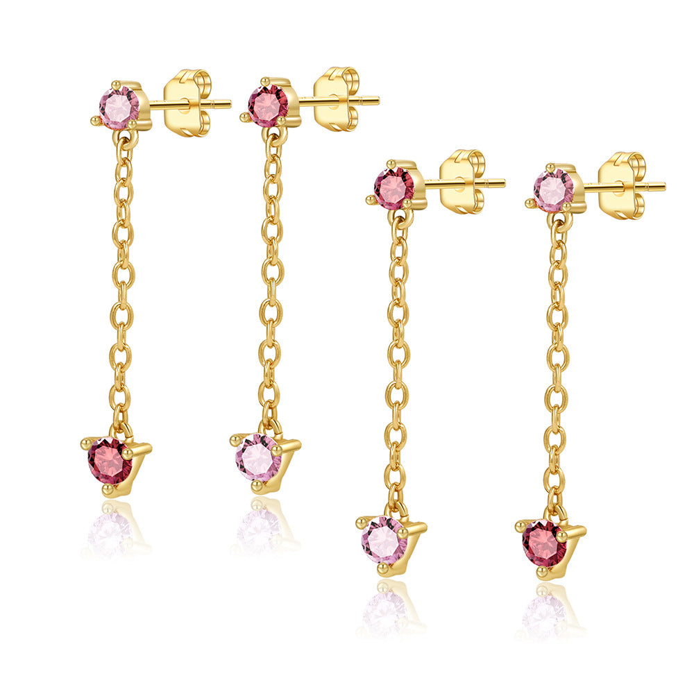 Geometric Round Brass Plated Earrings with Pink Cubic Zirconia and Tassel for Women