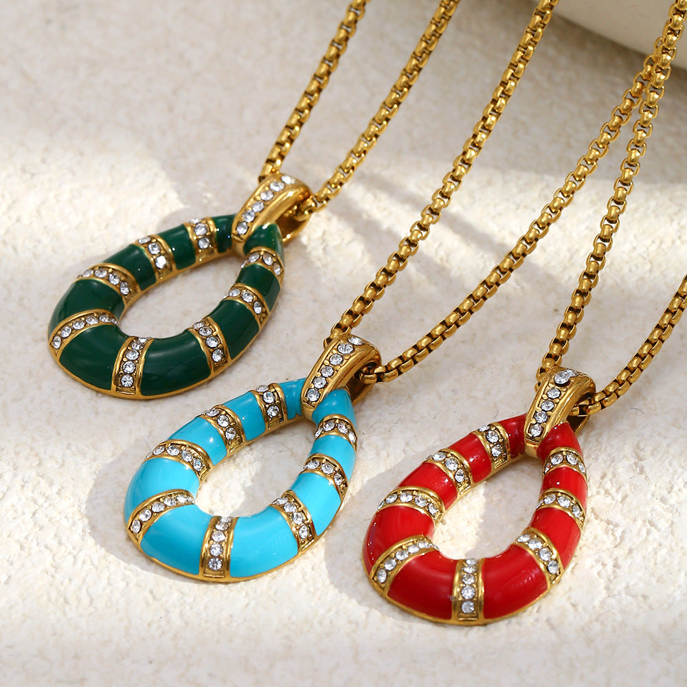 Elegante Collana a Pendente Minimalista Geometrica Retrò Francese in Acciaio Inossidabile Placcato Oro 18K con Dettagli in Smalto da Donna