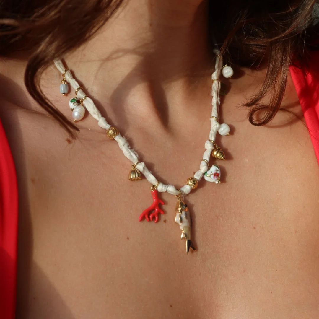 Fashion 18K Gold Plated Copper Heart and Geometric Pendant Necklace with Baroque Pearl and Fish Charm for Women
