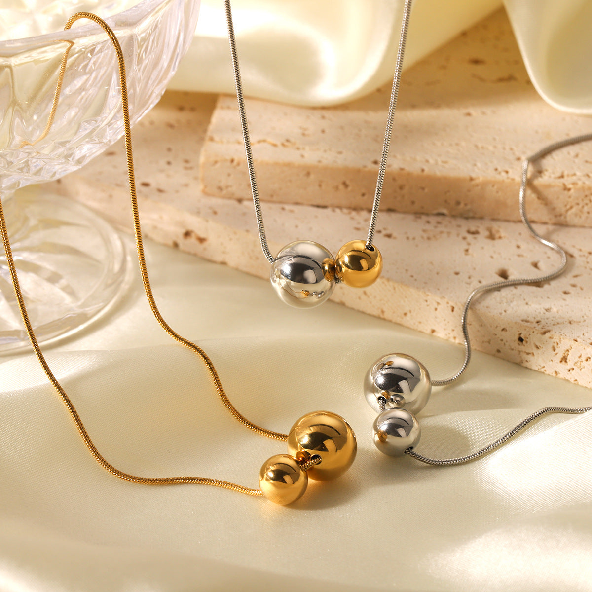 Minimalist Geometric Ball Pendant Necklace in Stainless Steel with Gold and Silver Plated Titanium Steel Accents Snake Chain Collar Jewelry for Women
