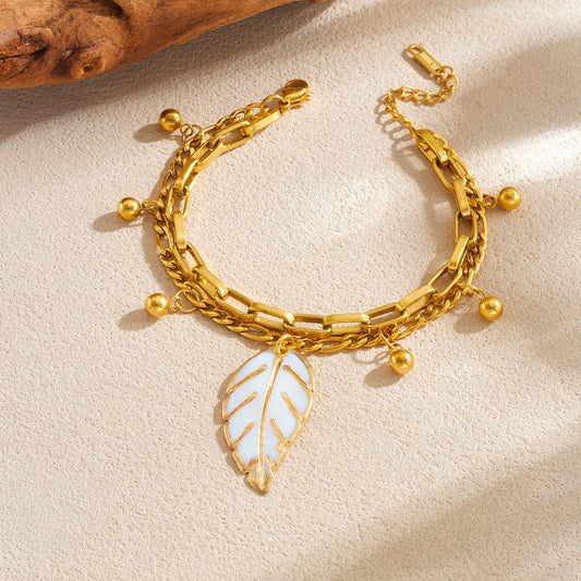 Vintage Casual Double Layer Stainless Steel Cable Chain Bracelet with Gold Bead Drip Oil Leaf Pendant